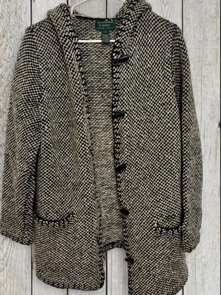 Lauren Ralph Lauren Black And Cream Hooded Knit Cardigan Jacket